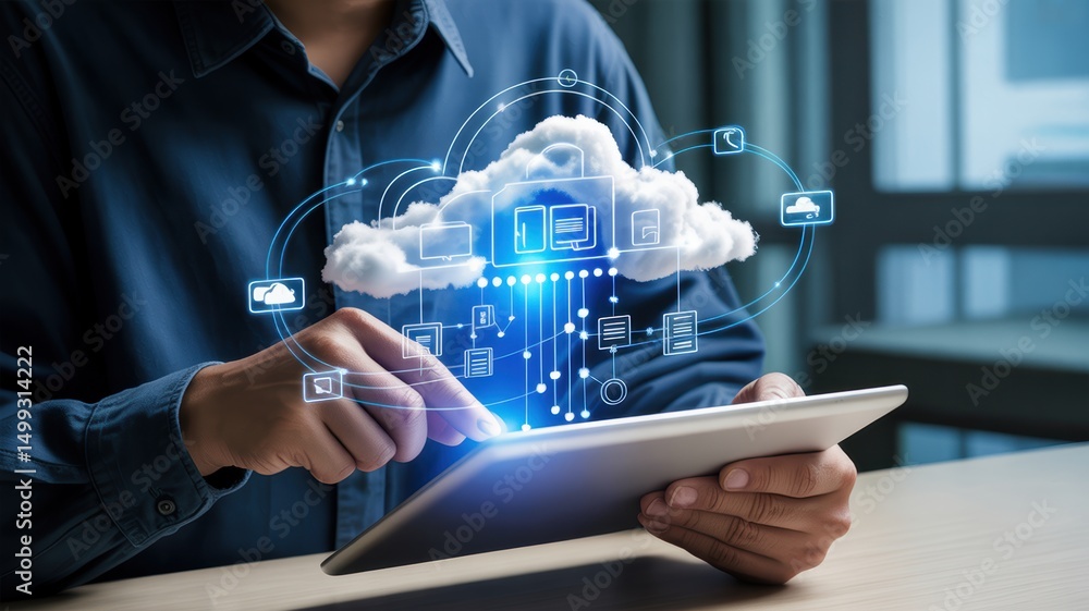 Aufkleber person interacting with a digital cloud computing interface on a tablet.
