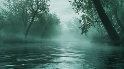 A misty river scene surrounded by trees, evoking tranquility and nature's beauty.