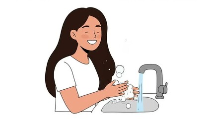 Woman happily washing hands at a sink with soap bubbles, promoting hygiene and cleanliness