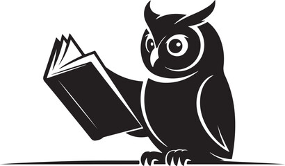 Wise Owl Reading a Book Black and White Illustration