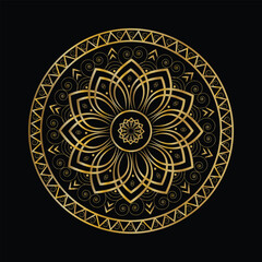 Elegant Gold Mandala Illustration Geometric Floral Design on Black Background, Decorative Ornament