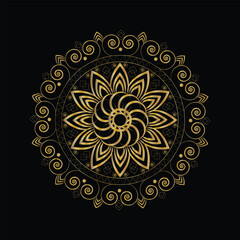Elegant Golden Mandala with Floral Design on Black Background, Decorative Element