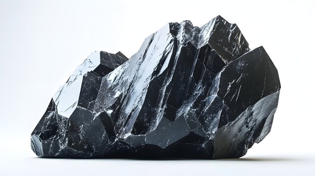 A close up of a large black crystal rock formation with sharp edges on a white background surface