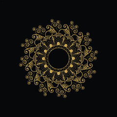 Intricate Gold Mandala with Swirls and Geometric Patterns on Black Background, Circular Design