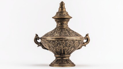 Fototapeta premium Elaborate antique golden urn with lid and handles against a white backdrop