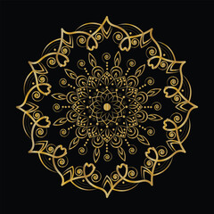Intricate Gold Mandala Design with Swirls and Geometric Shapes on a Black Background