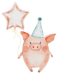 Little cute pig watercolor drawing. Hand drawn illustration of piglet in a party hat with a balloon on white background. Clip art of cute farm animal character. Ideal for stickers, cards and baby