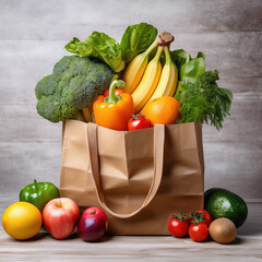 Healthy food overflowing from a full paper grocery bag