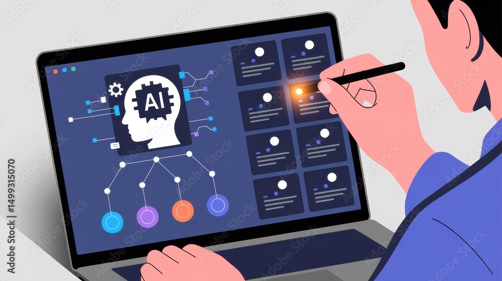 Poster person using a stylus on a laptop screen displaying artificial intelligence data.