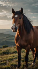 Obraz premium A strong brown horse with a white blaze stands proudly on a hilltop during golden hour, overlooking a scenic landscape of rolling hills.