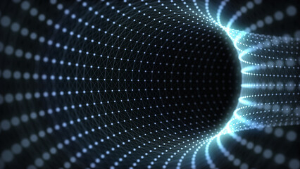 Abstract wireframe tunnel. Science wormhole. 3D portal grid. Futuristic fantasy funnel. 3d rendering.
