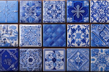 A beautiful collection of decorative ceramic tiles featuring intricate blue and white designs that create a visually appealing mosaic arrangement, perfect for a backdrop.