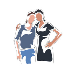 Vector illustration of two adult women standing side by side, embracing and looking forward. Represents friendship, closeness, and emotional support between women. Modern and clean design