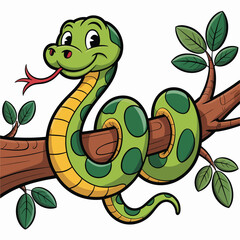 Cartoon Green Snake Wrapped Around Tree Branch