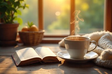 A steaming cup of tea sits on a cozy wooden table next to a book and a warm, fuzzy blanket, sunlight streaming through a nearby window Perfect for a relaxing afternoon , cozy, afternoon
