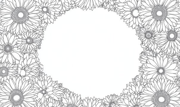 Oryginalna ramka z rysunkami kwiat&oacute;w gerbery, czarno-biały, wektor, ilustracja