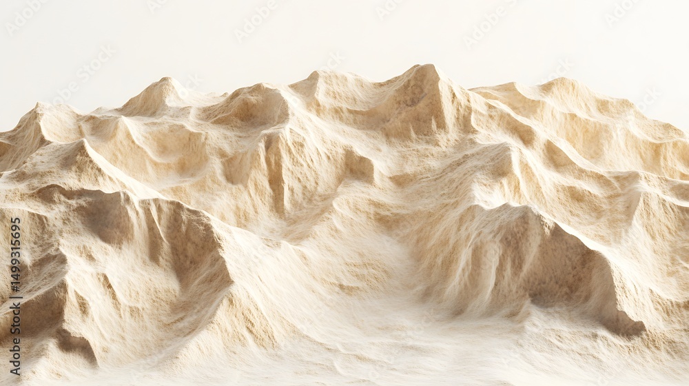 Poster a digital rendering of a mountain range with light beige and white coloring on a white background