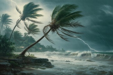 Palm trees in coastal storm with strong wind and rain, dramatic tropical weather