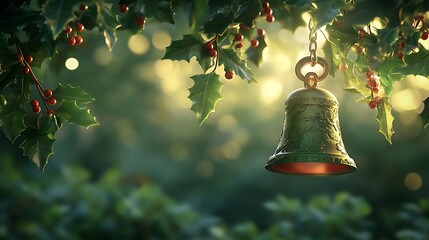A decorative bell hangs among holly leaves and berries, illuminated by soft sunlight.
