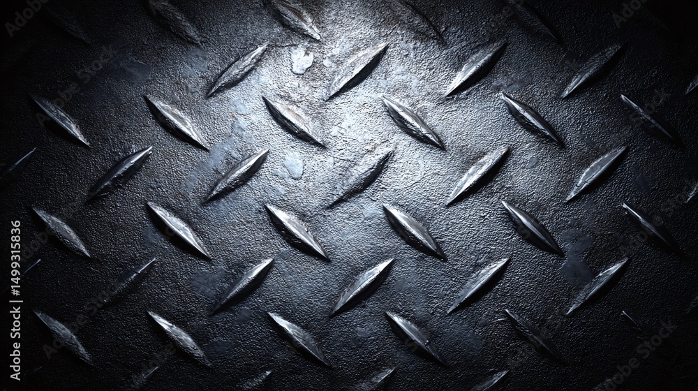 Poster detailed view of textured, dark metallic surface. the surface catches the light, adding depth to the