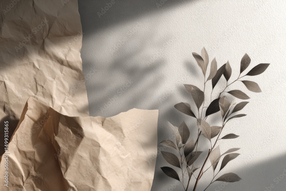 Poster neutral background with crumpled paper texture and plant, creating a soft and aesthetic backdrop, pe