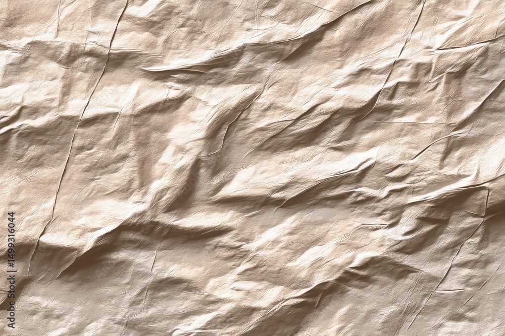 Poster beige crumpled fabric with a smooth, reflective surface, forming elegant folds and shadows, creating