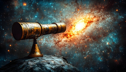 Antique telescope points to a vast, colorful nebula on a rocky surface under a vibrant, starry, celestial backdrop