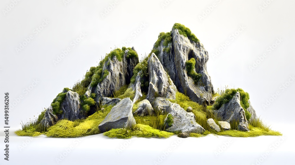 Aufkleber a miniature mountain with moss and grass on a white background in a studio setting display piece