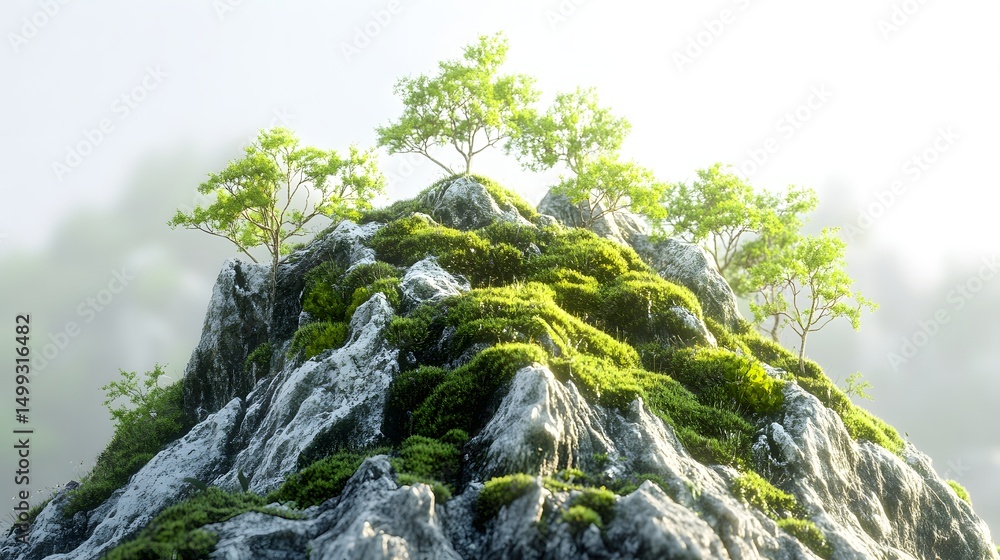 Poster a moss covered rock formation with small trees growing on it under a bright and hazy sky scene view