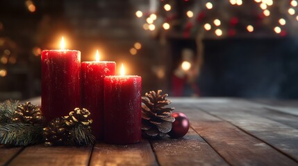 A cozy festive scene featuring red candles, pinecones, and holiday decorations.