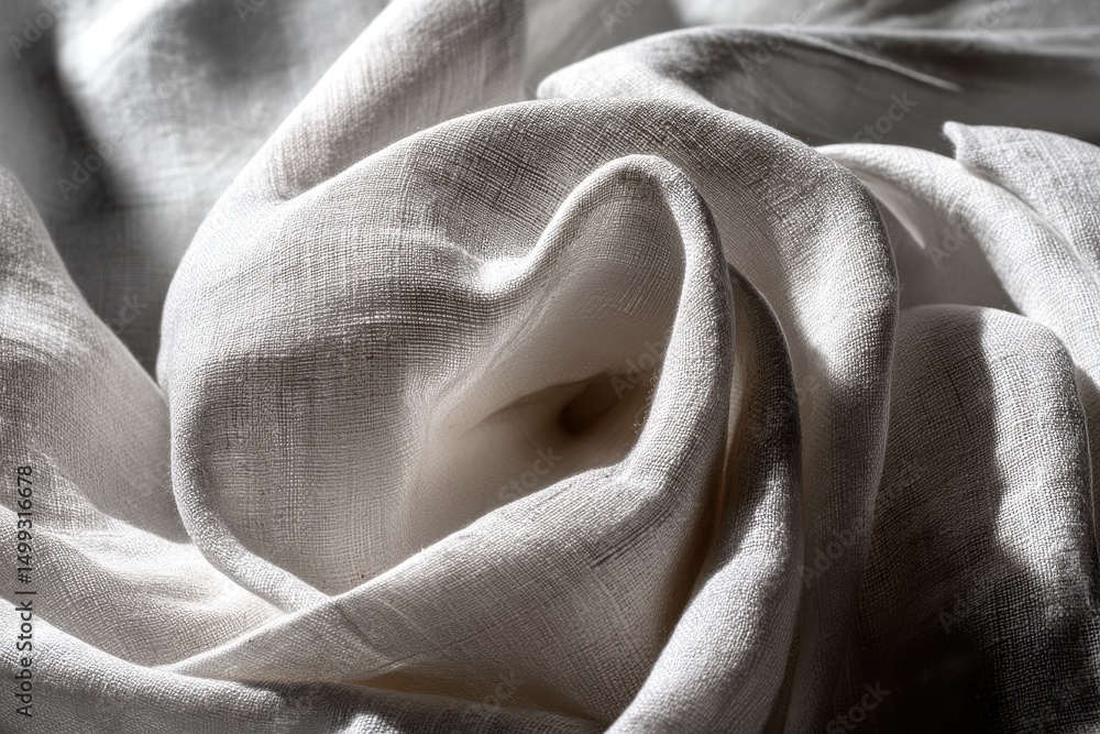 Poster elegant close-up of flowing linen fabric, revealing its intricate texture and subtle shadows, perfec
