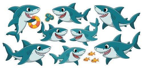 Cartoon Sharks Collection Happy Smiles Ocean Animals