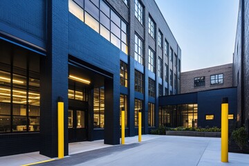 Obraz premium a wide angle photo of an industrial building with modern design, featuring gray and navy blue color scheme