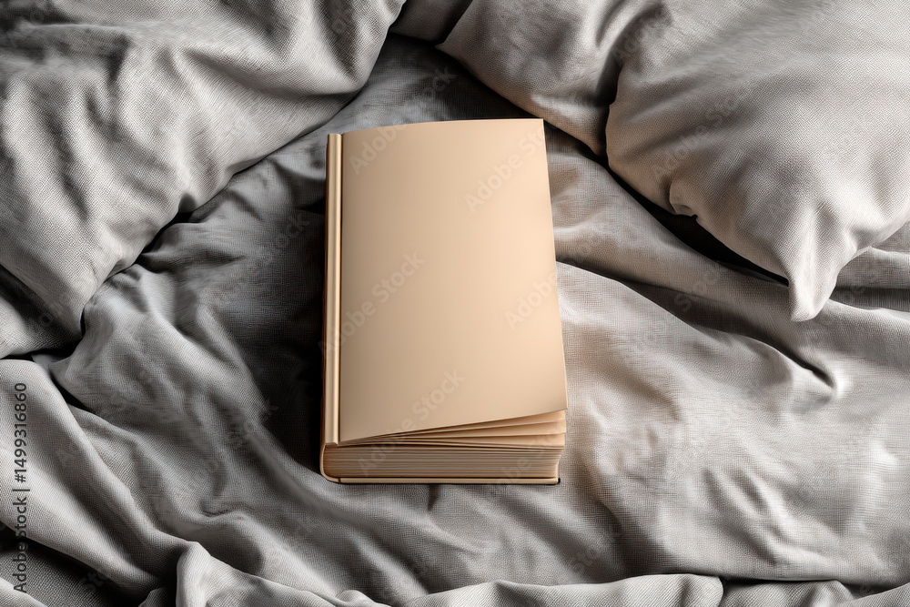Poster a close-up of an open blank book on a bed with gray sheets and soft pillows, providing a cozy and in