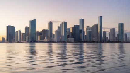 Fototapeta premium Cityscape at sunset reflecting on calm waters a mesmerizing modern panorama