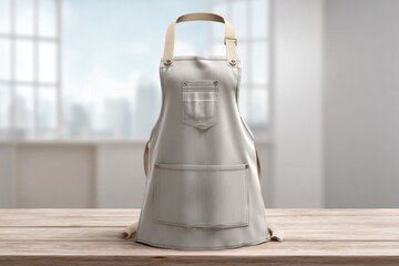 A crisp, clean apron rests on a light wooden table, framed by a soft, airy window, creating a professional culinary workspace with an inviting and minimalistic feel.