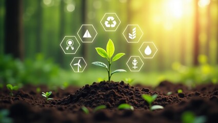 Young plant emerging from soil with environmental icons.