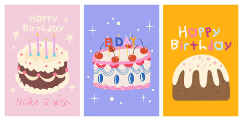 Collection of Happy Birthday greeting cards design in cartoon style. Hand drawn modern holiday posters in doodle retro style. Birthday cakes with candles, cherry and cream