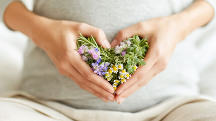 Young pregnant woman holding in hands a heart made of medicinal herbs in front of her belly. Pregnancy reproductive health