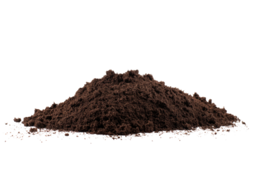 A mound of dark brown powder against a black background showing texture and a rough surface area view
