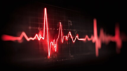 Red electrocardiogram tracing a heartbeat on a monitor screen, illuminating the vital rhythm against a dark background. Vital signs captured in real-time.