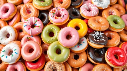 Stacks of cooked donuts in various colors and flavors