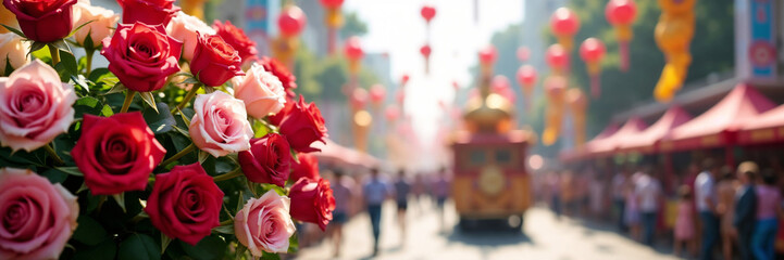 Obraz premium Portland Rose Festival showcasing vibrant roses against lively background with copy space