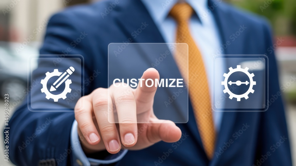 Poster a person touches a customize button on a transparent screen.