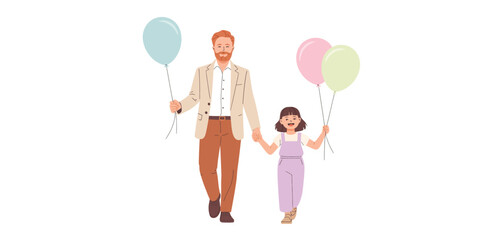 Happy Father and Daughter Walking with Balloons