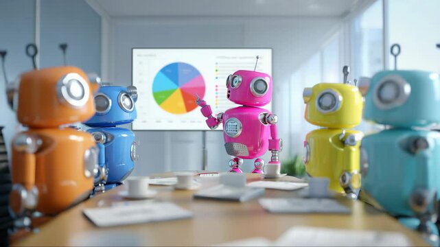 Colorful cartoon robots in AI-first company office, presenting data with pie chart, futuristic business briefing, artificial intelligence teamwork and innovation in high-tech environment