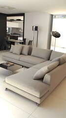 White couch with a black and white throw pillow sits in a living room
