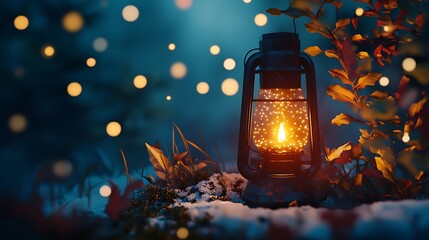 A glowing lantern amidst autumn foliage and soft snowfall, creating a serene ambiance.