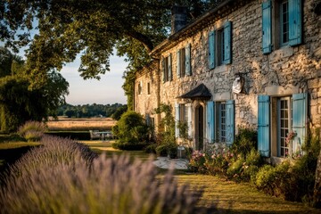 Obraz premium Charming old stone house with blue shutters surrounded by lush greenery and lavender, featuring a peaceful countryside setting with golden light and inviting atmosphere.