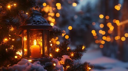A lantern with a candle illuminates a snowy scene adorned with warm, glowing lights.